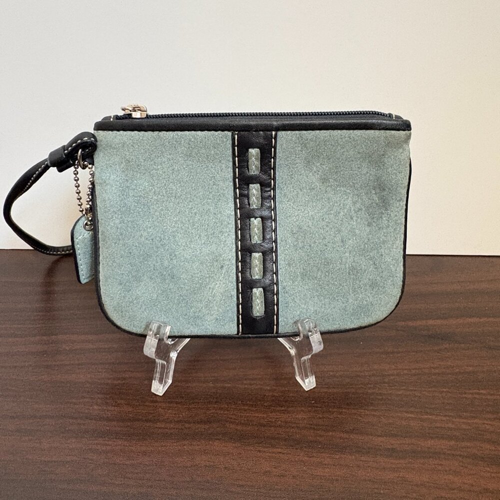 Vintage Coach Hampton Blue Suede Wristlet Navy Trim